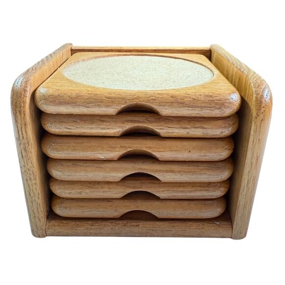 Set Of 6 Wooden Coasters With Cork Insert Matching Holder Vintage 80s Golden Oak - Picture 1 of 12